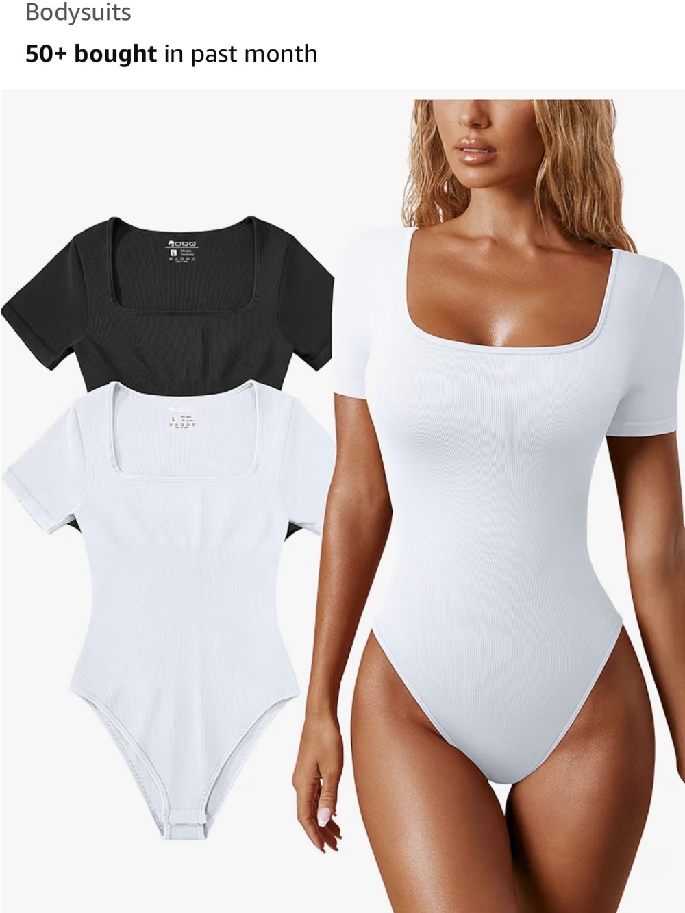 Amazon Ribbed Square Neck Short Sleeve Bodysuit - White & Black